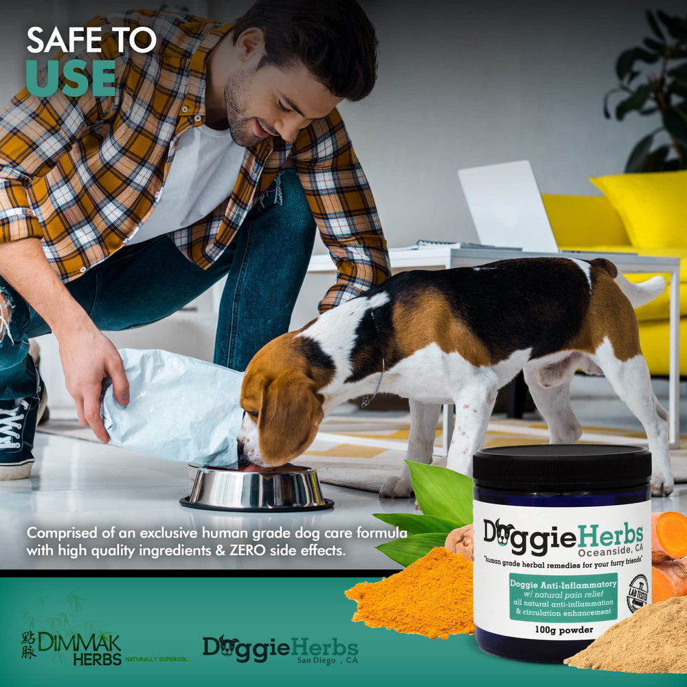 Doggie Herbs ingredient label highlights organic, no fillers and human-grade sourcing.