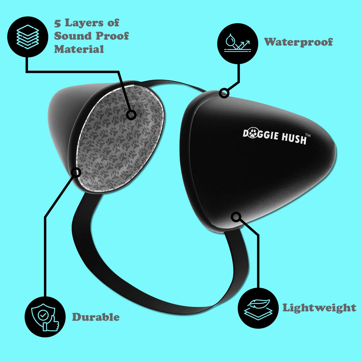 Doggie Hush dog headphones flatlay displays original design and fit flexibility for dogs.