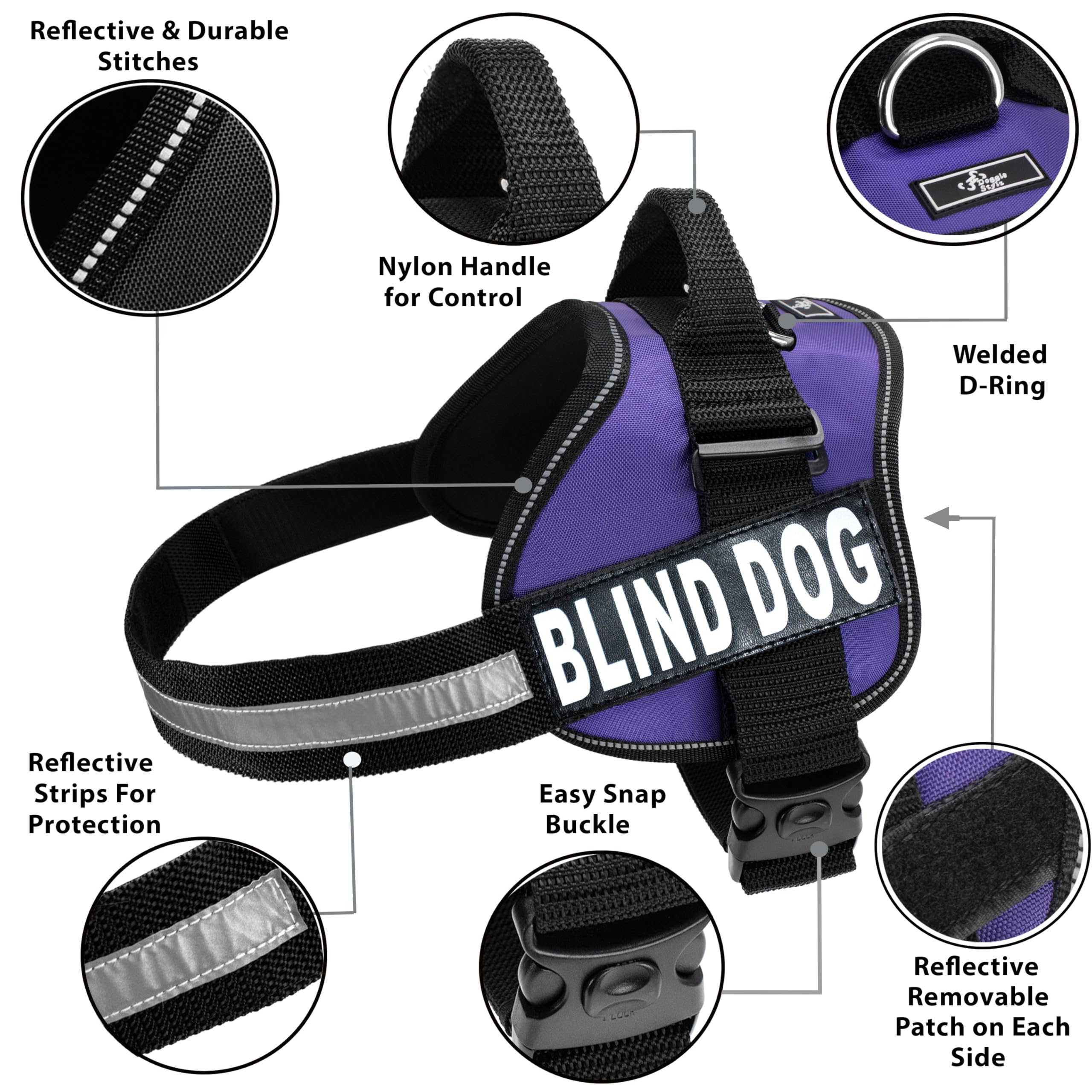 Doggie Stylz blind dog harness with adjustable straps ensures snug escape-proof wearing.