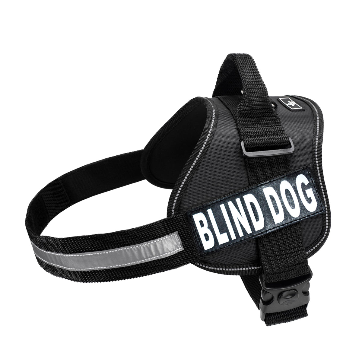Doggie Stylz Blind Dog Harness front view demonstrates no-pull design for indoor navigation.