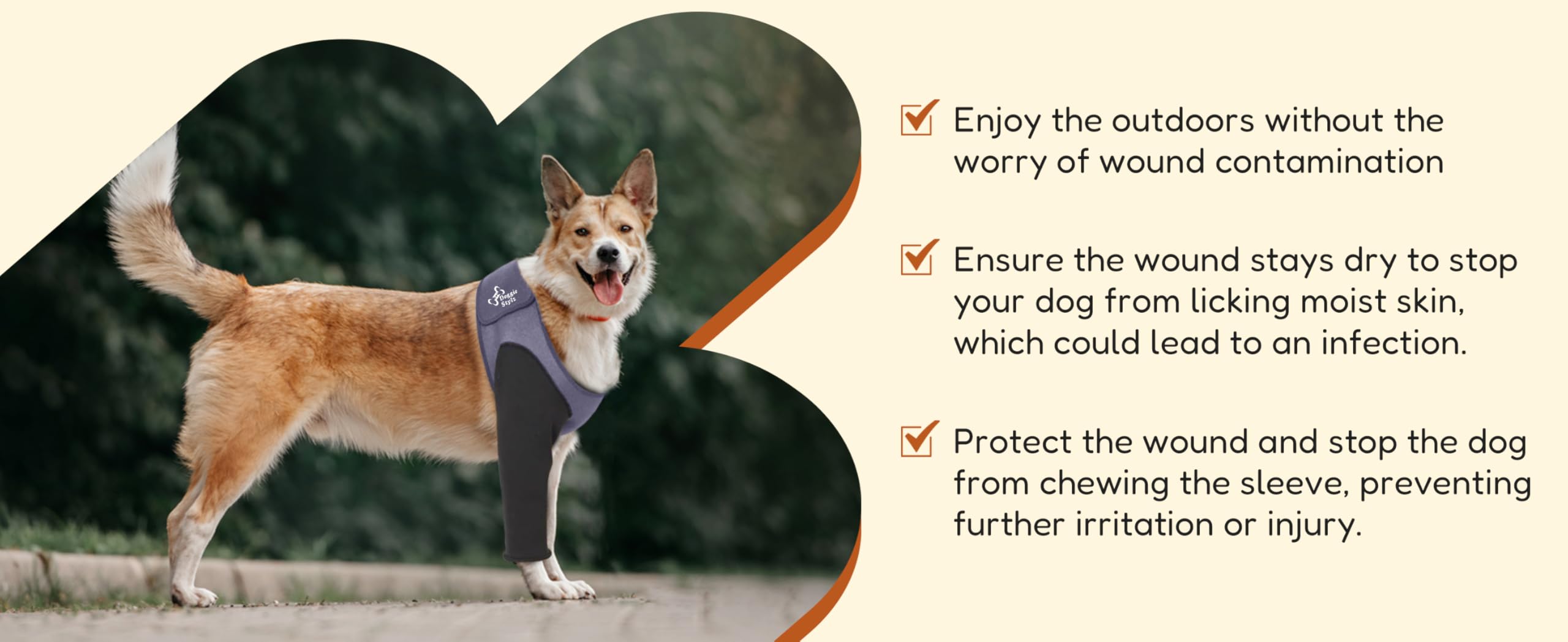 Doggie Stylz durable front leg sleeve supports gentle movement during recovery.