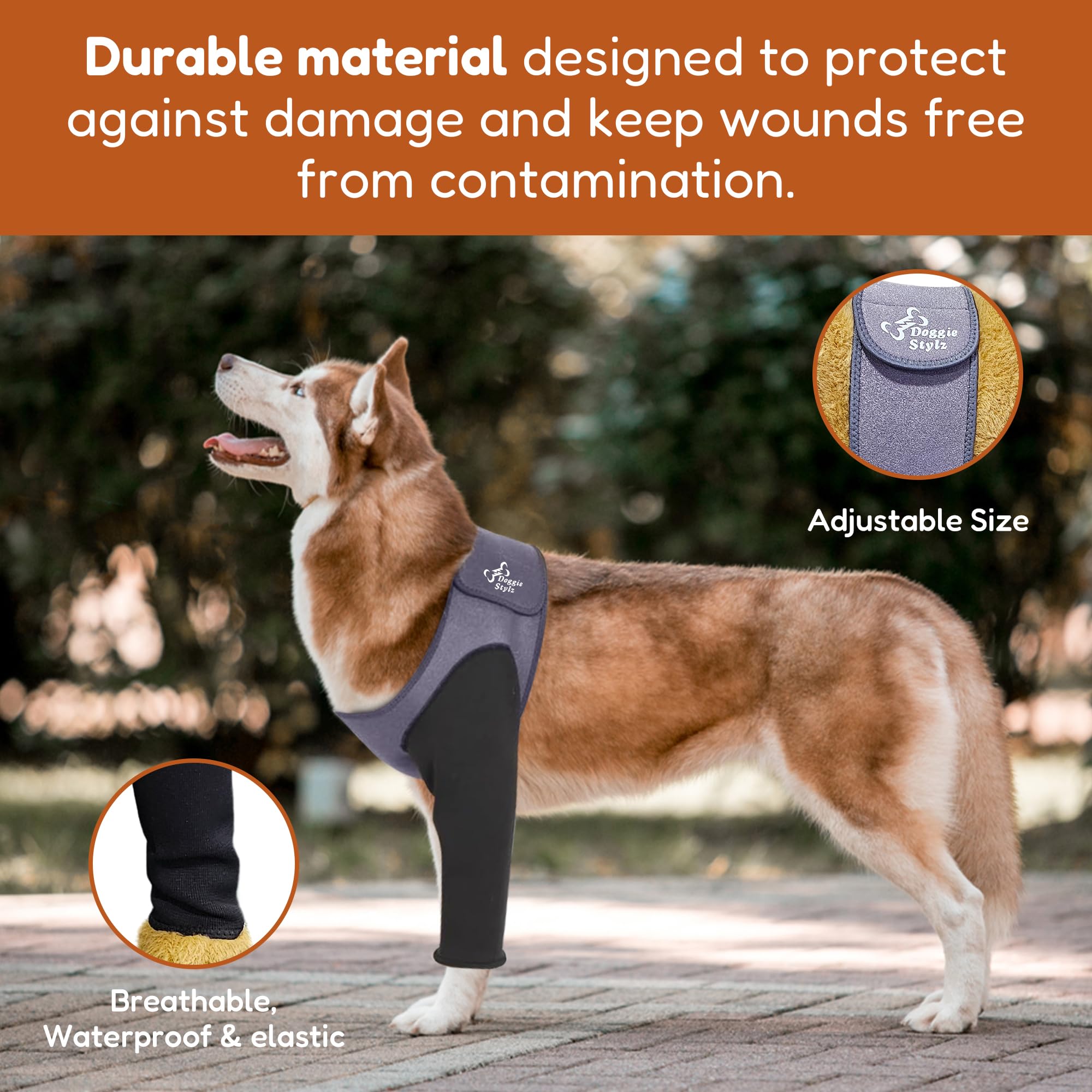 Doggie Stylz waterproof front leg sleeve keeps wounds dry during play and walks.