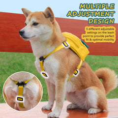 DoggieKit backpack harness yellow dispenser close-up highlighting built-in poop bag dispenser.