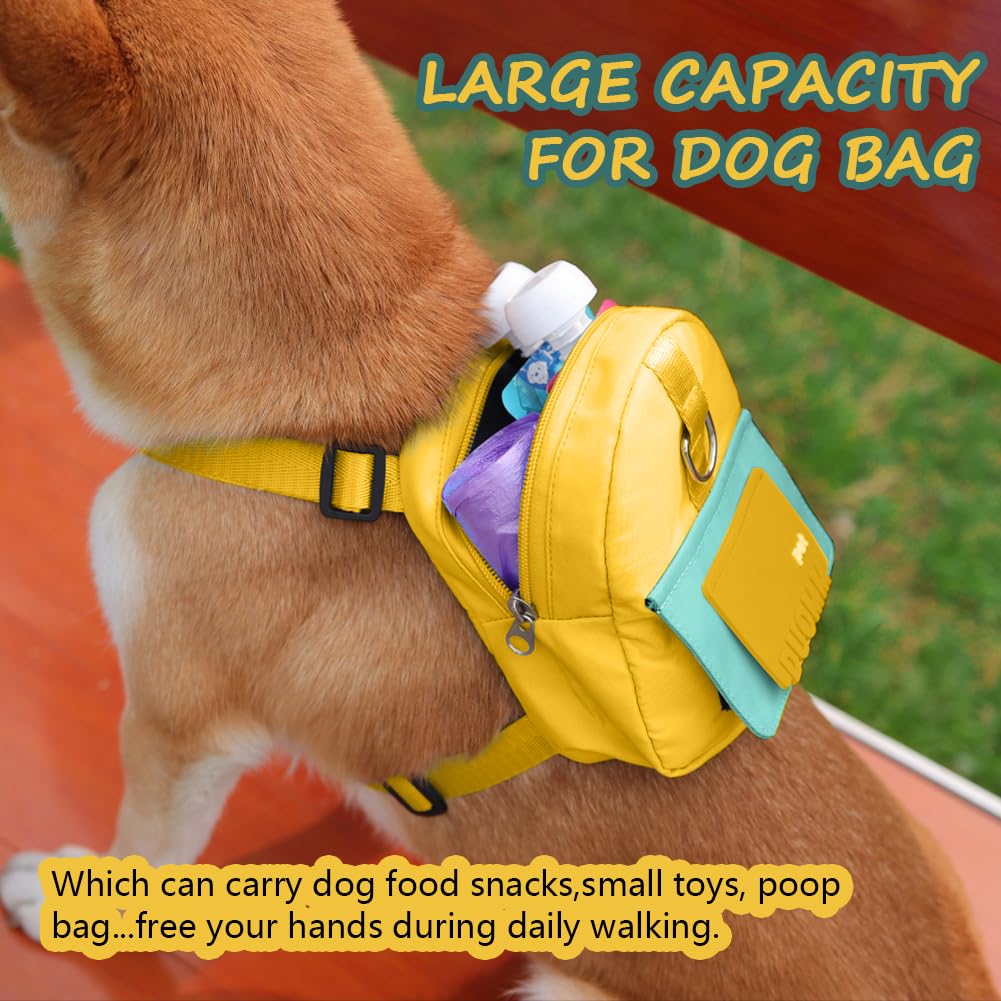 DoggieKit backpack harness yellow strap-adjustment close-up for easy sizing.