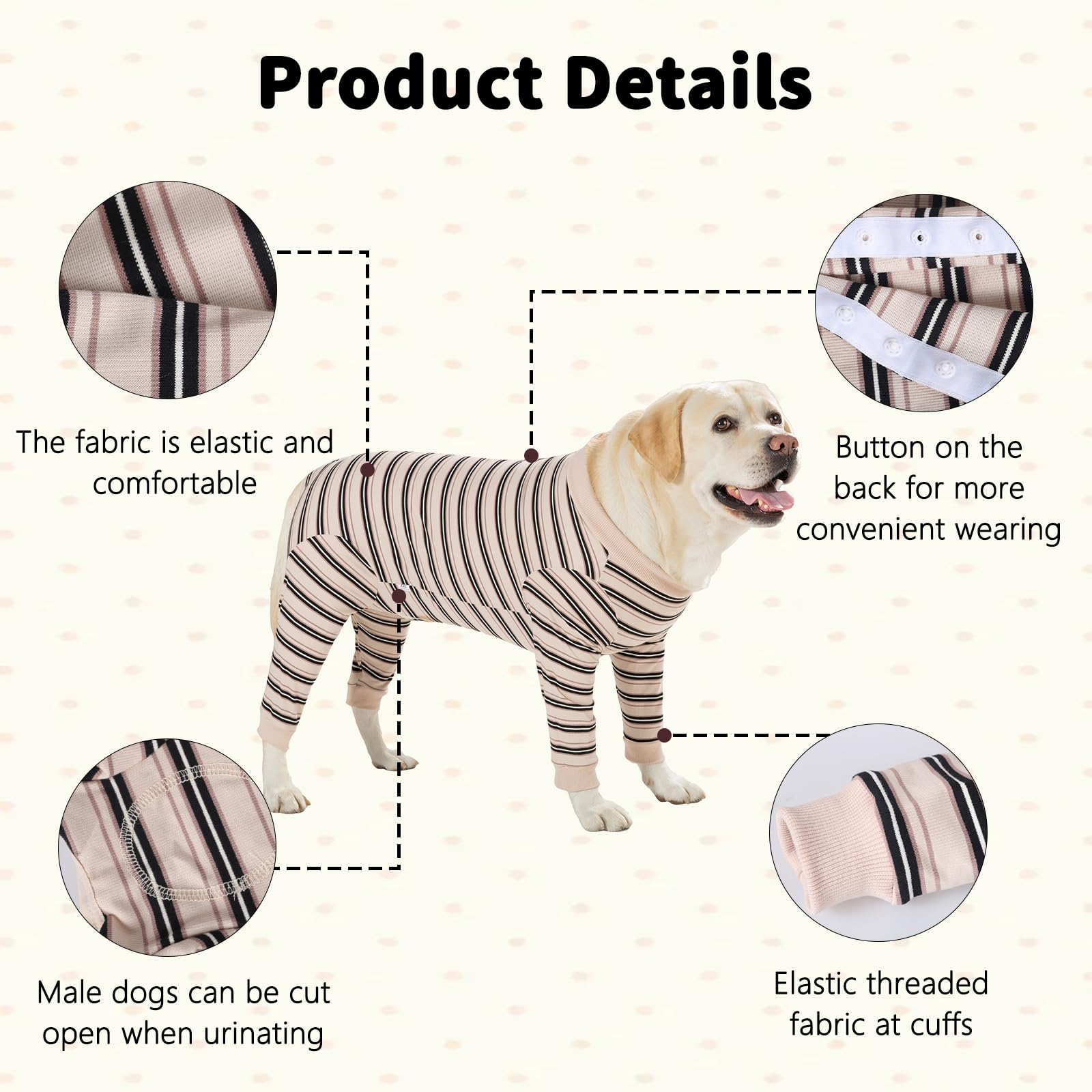 DoggieKit recovery-suit button closure simplifies dressing for a secure fit during recovery.