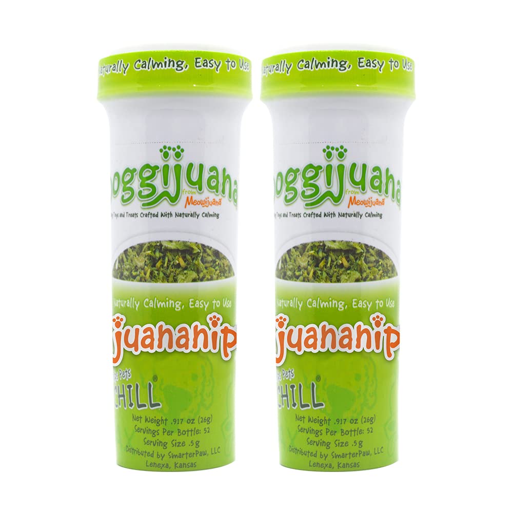 Doggijuana Juananip refill bottle 2-pack for calming moments during travel.