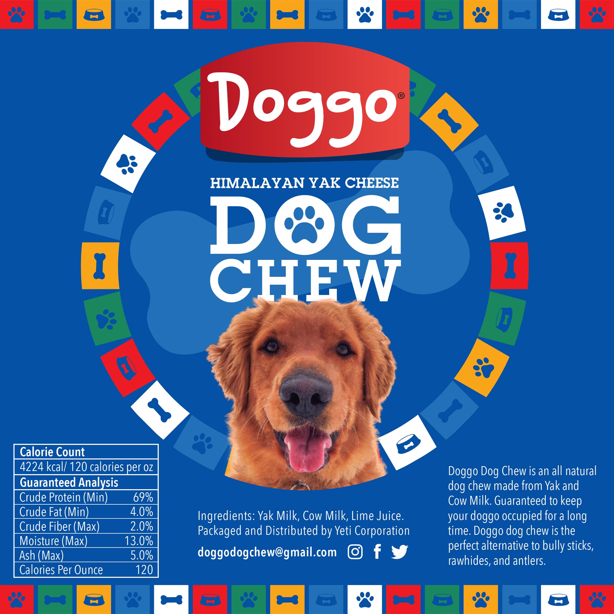 Doggo Dog Chew ingredient list close-up highlights 100% natural yak and cow milk.