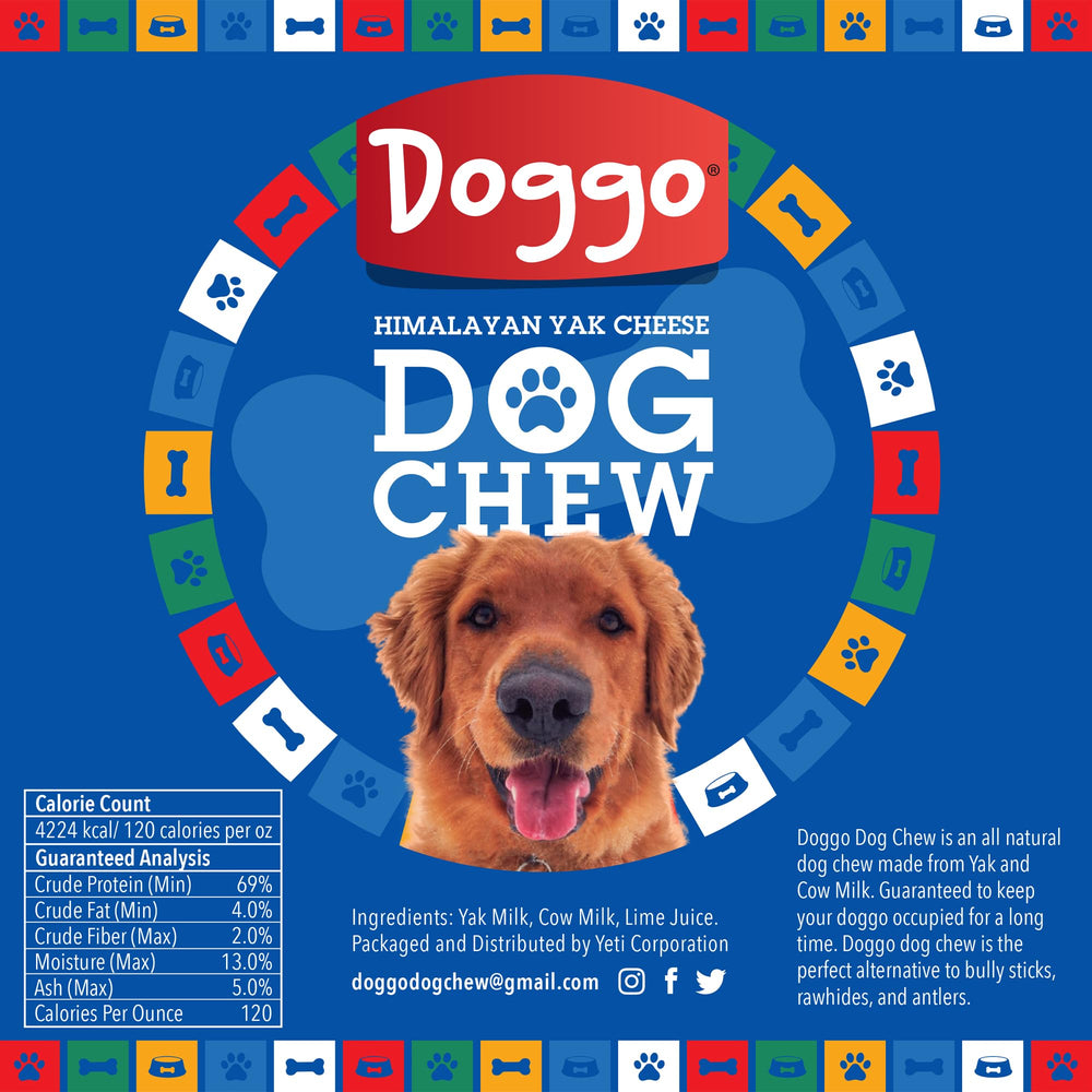 Doggo Dog Chew ingredient list close-up highlights 100% natural yak and cow milk.