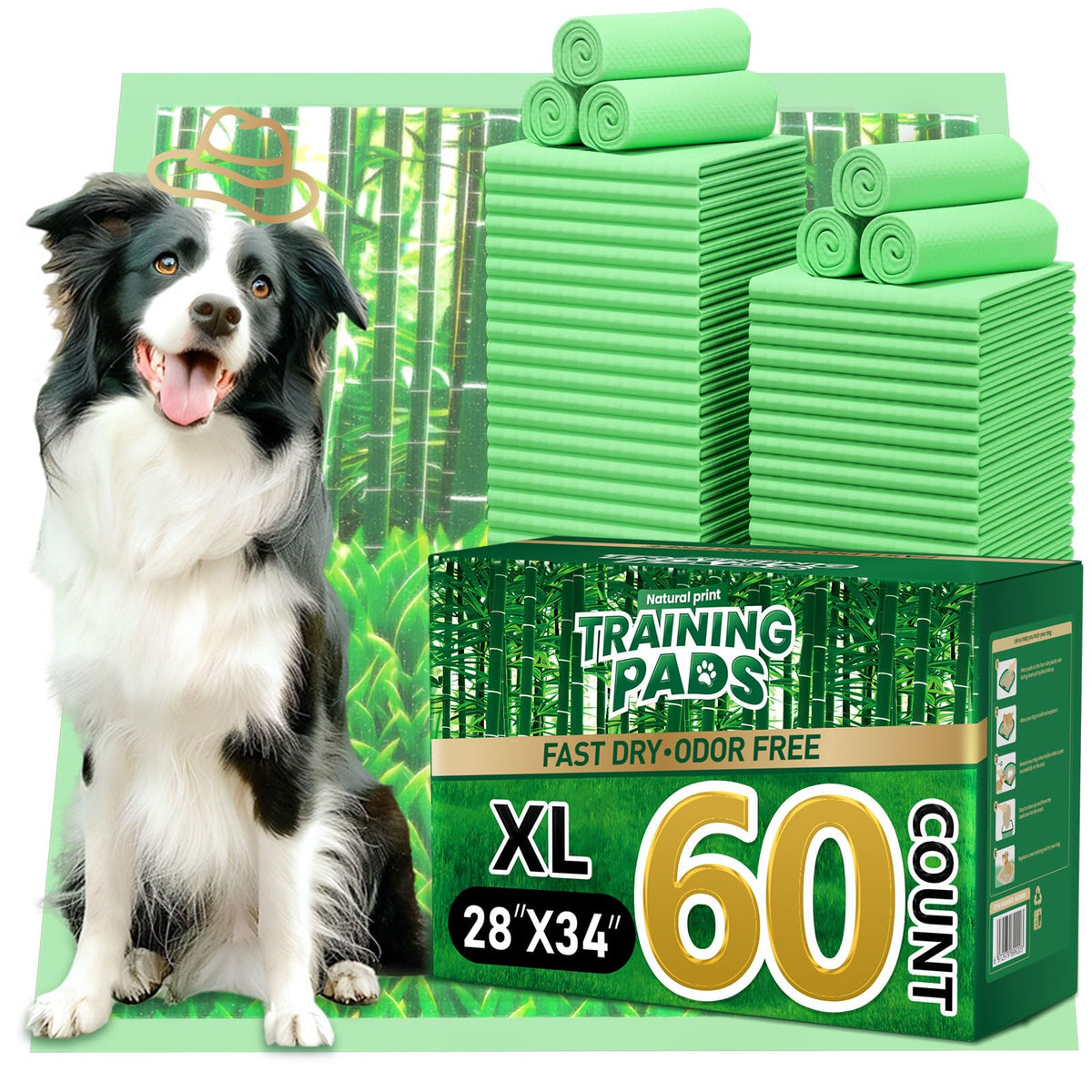 Doggo Doug Puppy Pads XL pattern closeup shows bamboo design for comfortable potty training.