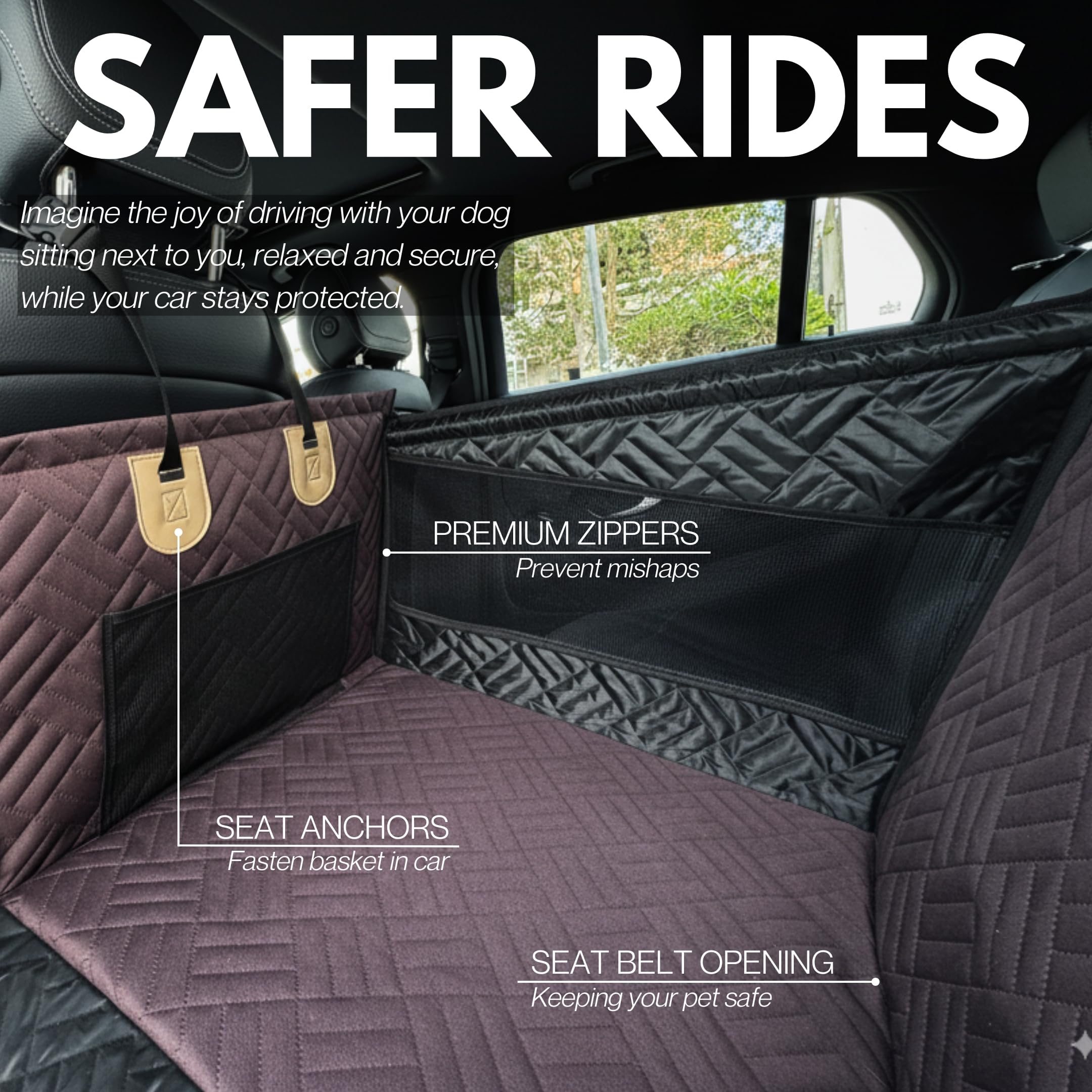 DOGGO Selection 600D Oxford fabric shields seats from mud and pet hair.