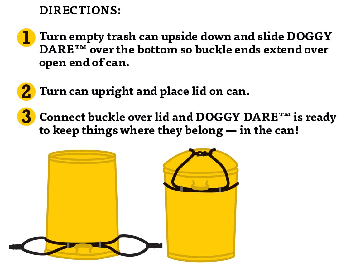 Doggy Dare trash can lock showing simple bungee cord design securing a can.