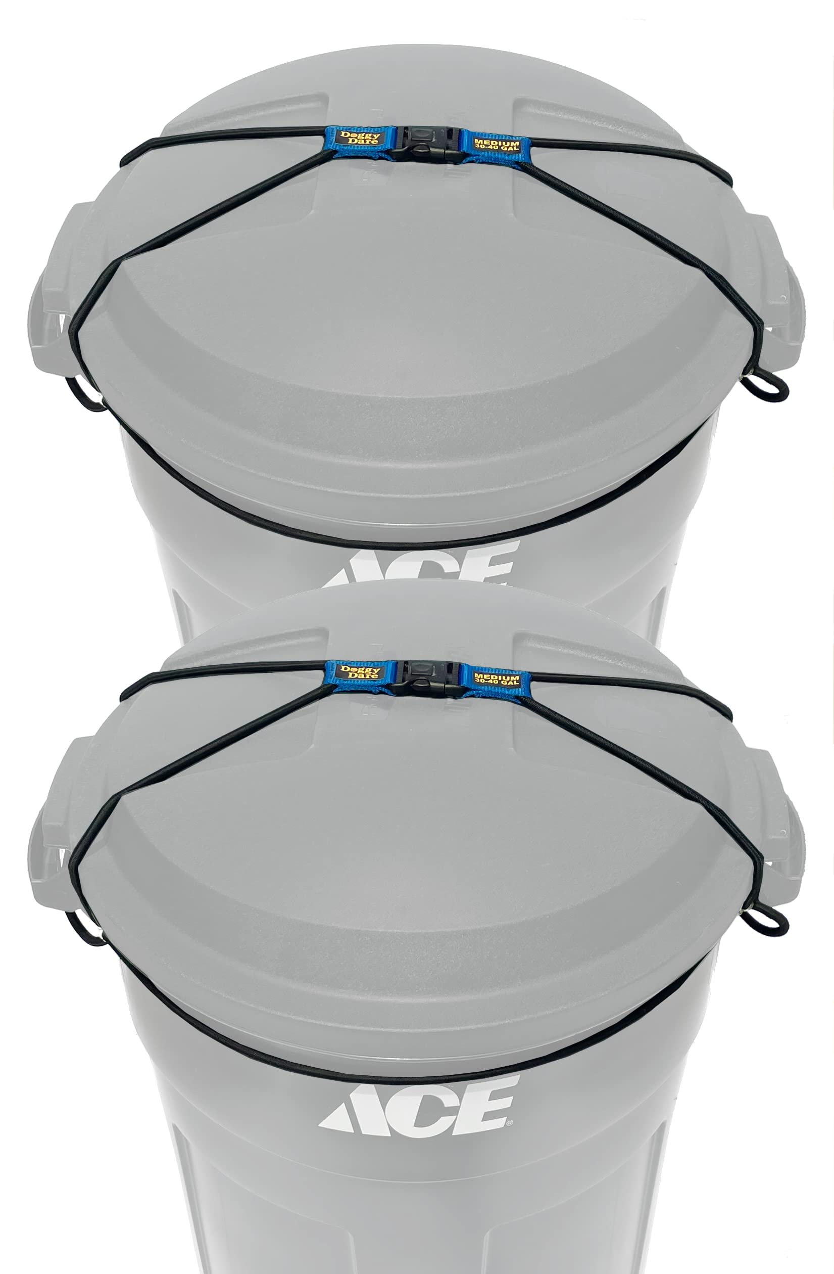 Doggy Dare trash can lock medium with bungee cord keeps pests out at the curb.
