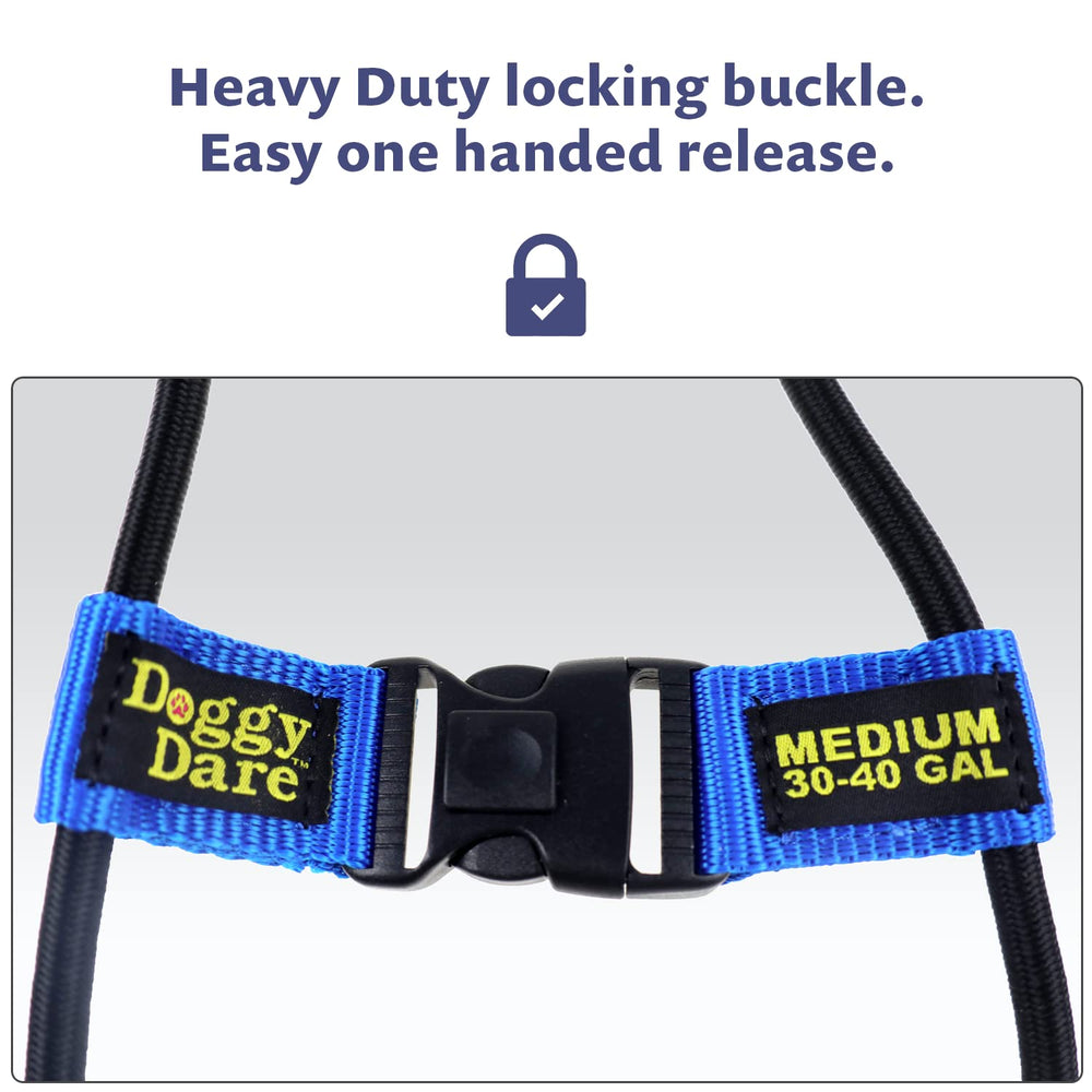 Doggy Dare heavy-duty buckle and bungee cord provide durable, one-handed operation.