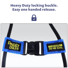 Doggy Dare heavy-duty buckle and bungee cord provide durable, one-handed operation.