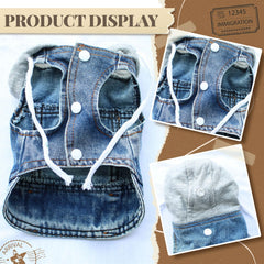 DOGGYZSTYLE denim vest with gray hood adds light warmth on cool days.