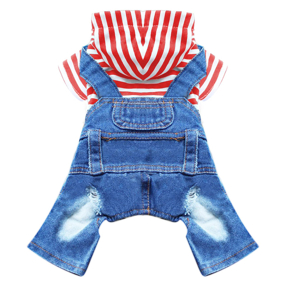 DOGGYZSTYLE denim jumpsuit hoodie on a small pet for daily wear