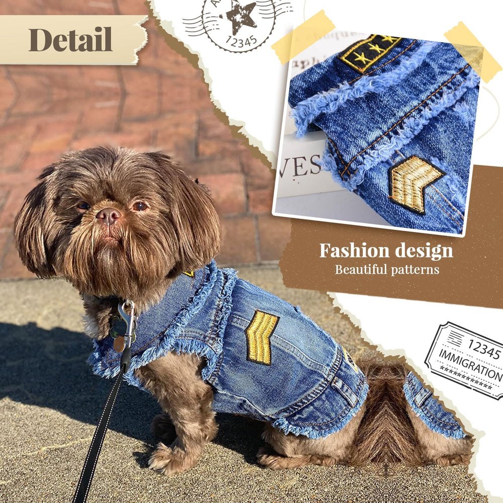 DOGGYZSTYLE Small puppy denim coat back details showing distressed styling