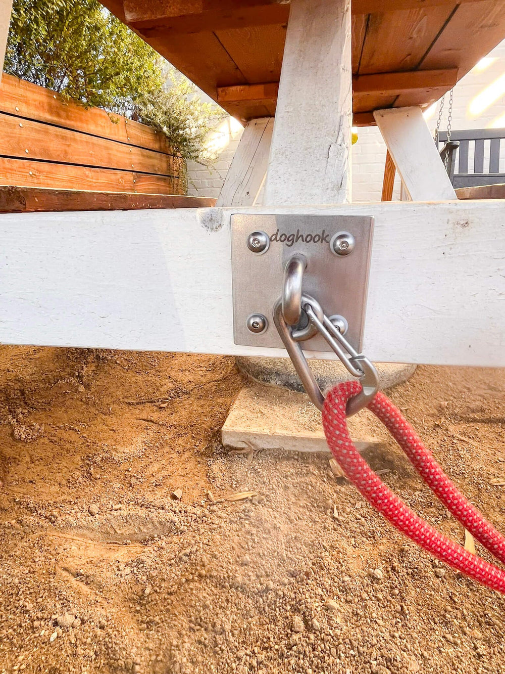 Doghook Canine Hitch wall-mount hardware shown for quick, secure setup.