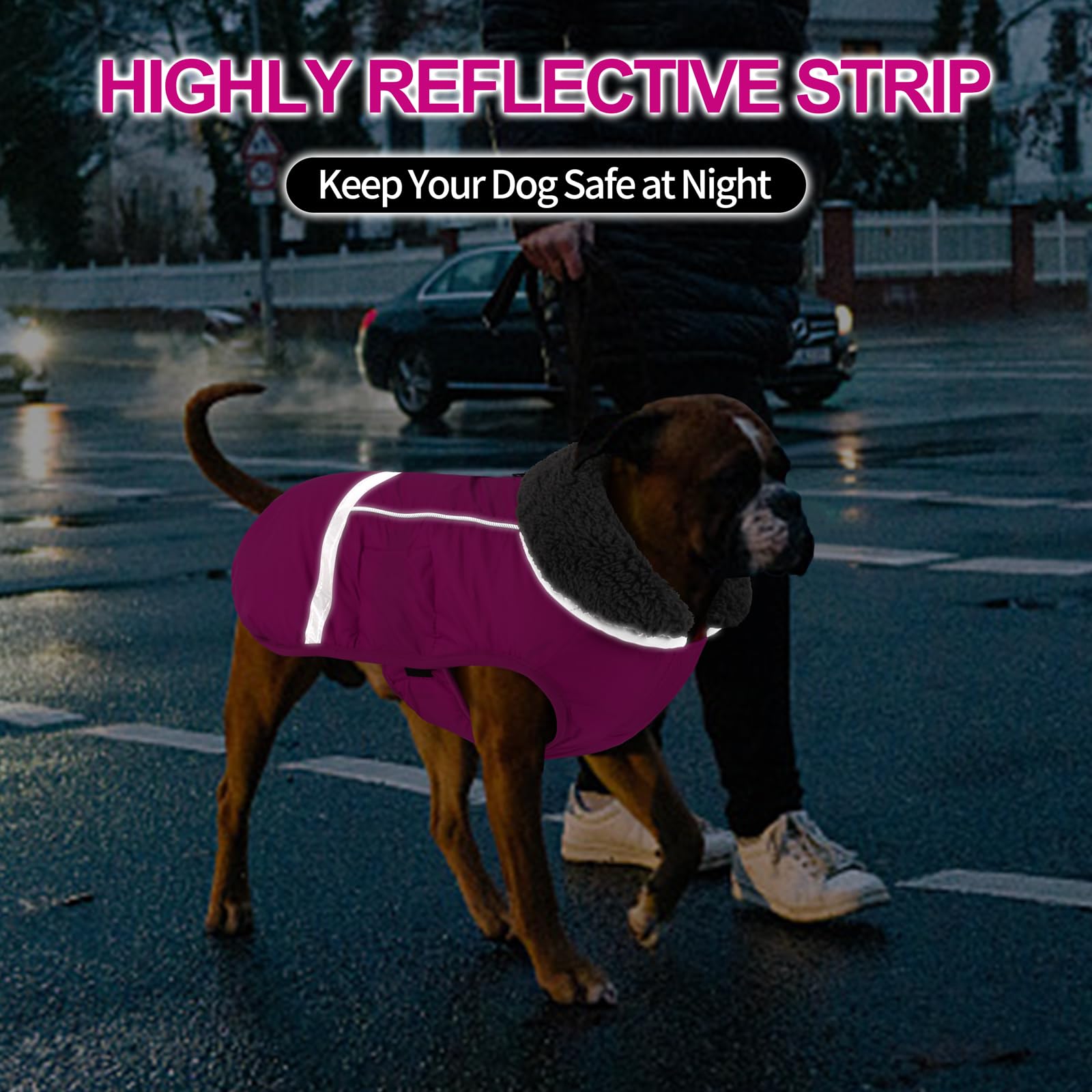 Doglay coat features leg elastic straps to keep it securely in place during movement.