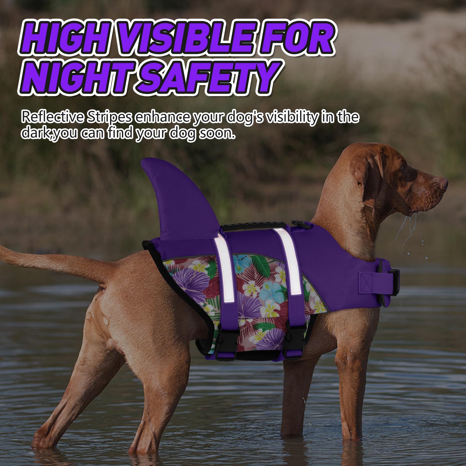 Doglay Dog Life Jacket Shark size chart highlights adjustable fit for different dogs