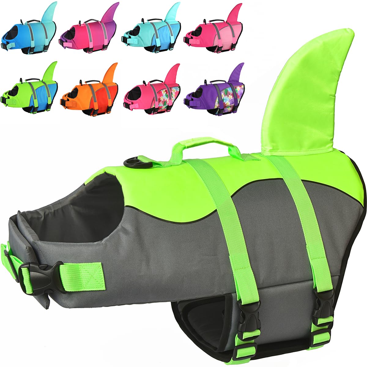 Doglay Dog Life Vest shark design front keeps dogs safe and visible in water.