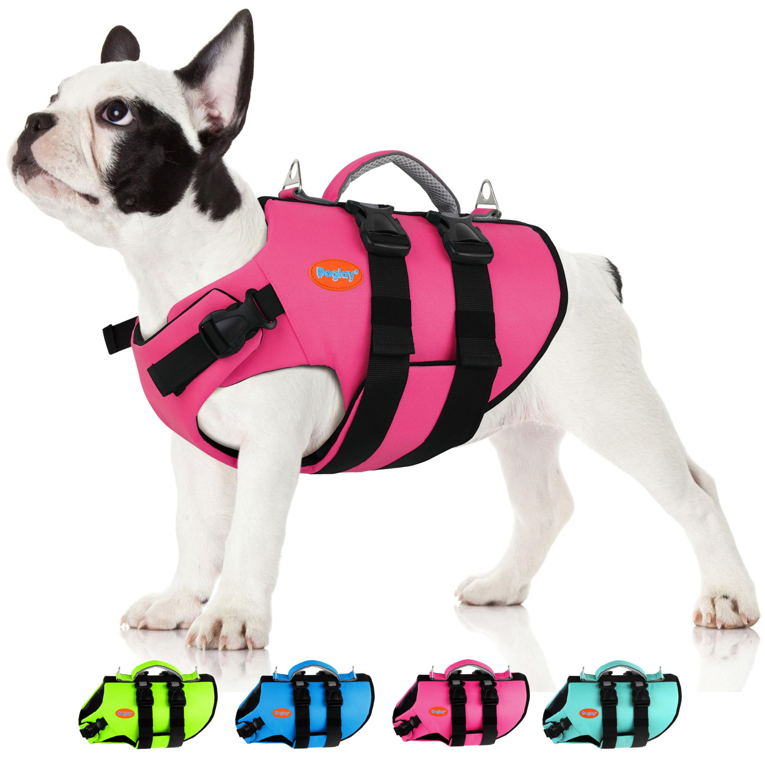Doglay life jacket with dual-buoyancy foam providing flotation on water.