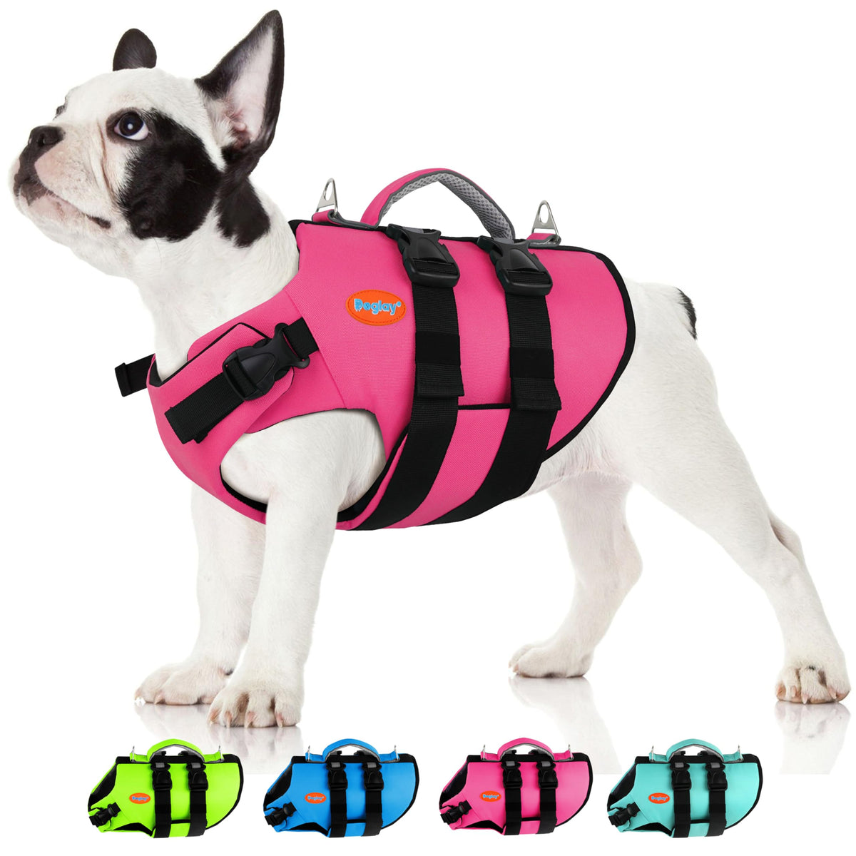 Doglay life jacket with dual-buoyancy foam providing flotation on water.