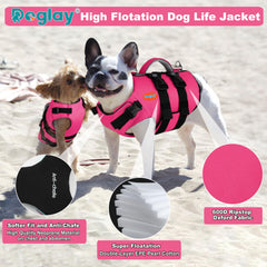 Doglay life jacket features dual D-ring hooks for leash and accessories.