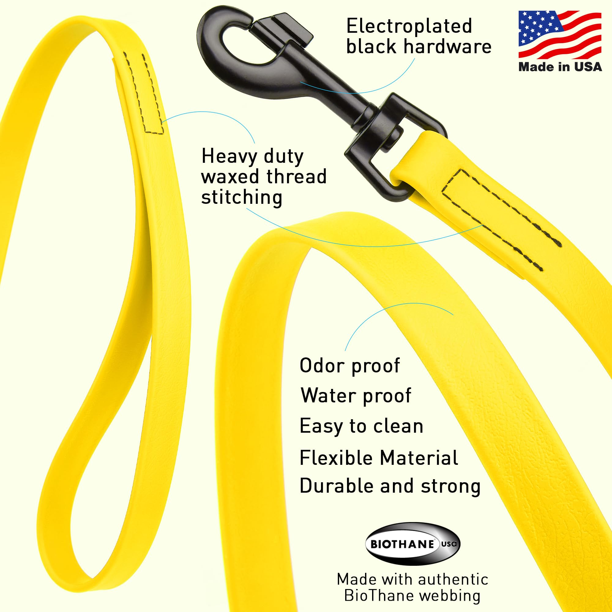 Dogline Biothane leash with black hardware close-up highlighting durable finish