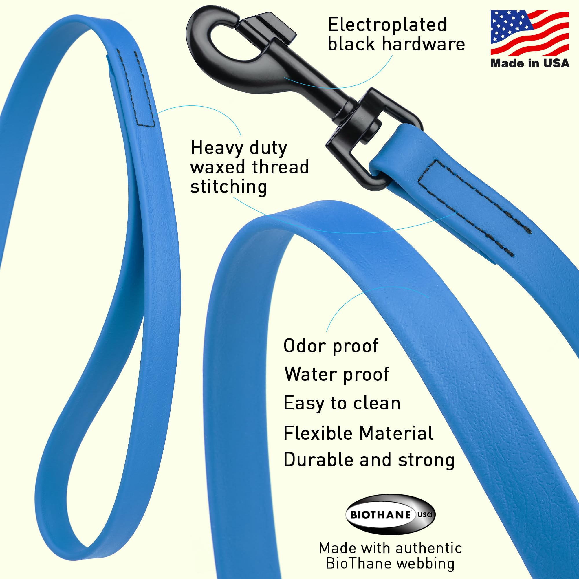 Dogline Biothane leash swivel clip shown, prevents twisting during active training.