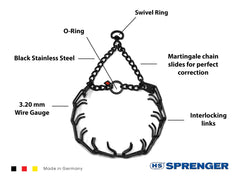 Dogline black stainless steel prong collar close-up showing beveled prongs.