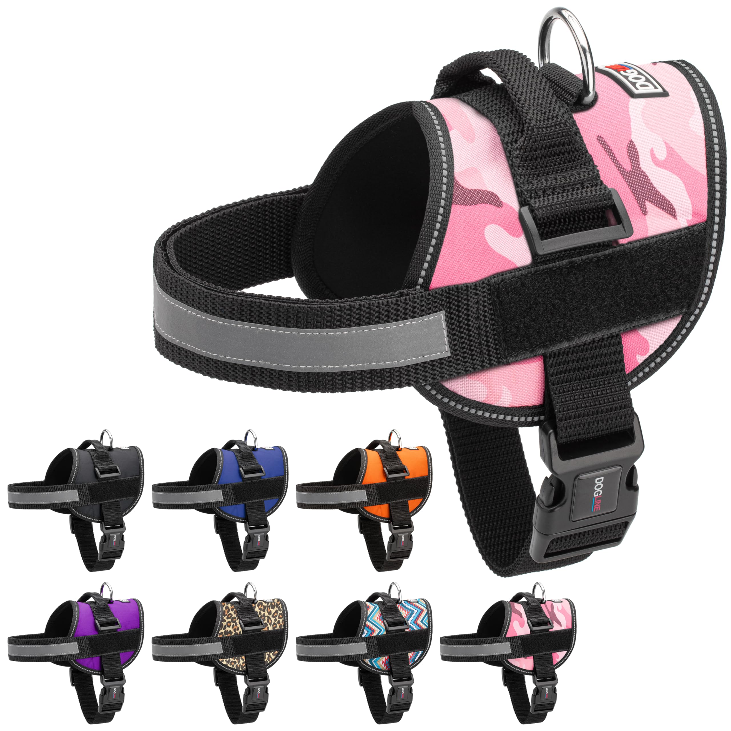 Dogline pink camo harness on a dog for secure daily wear