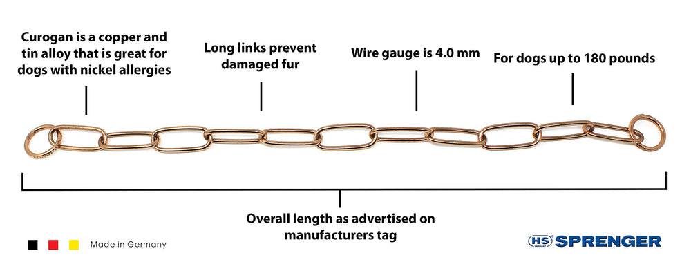 Dogline Herm Sprenger Curogan long-link fur saver collar side view shows rust-resistant, durable construction.