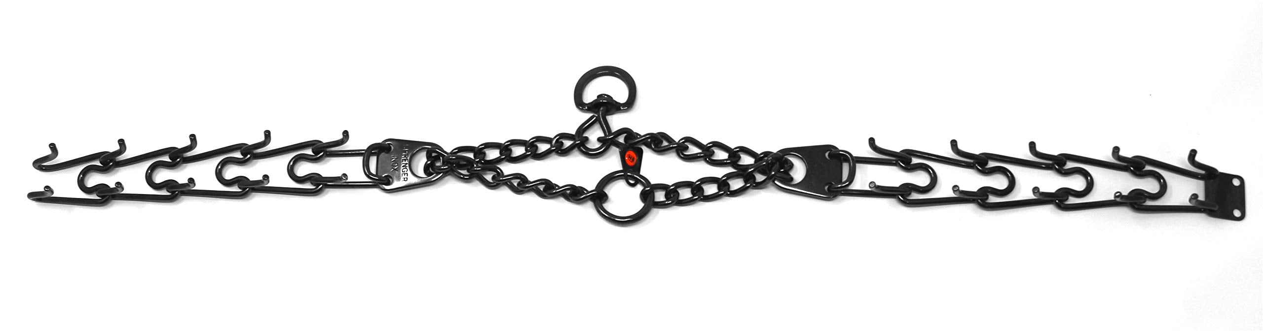 Dogline prong collar size guide showing neck measurement method.