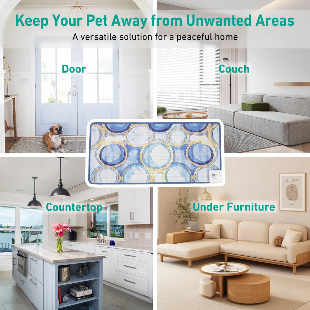 DOGNESS geometric-pattern mat closeup shows washable fabric and deterrent design.