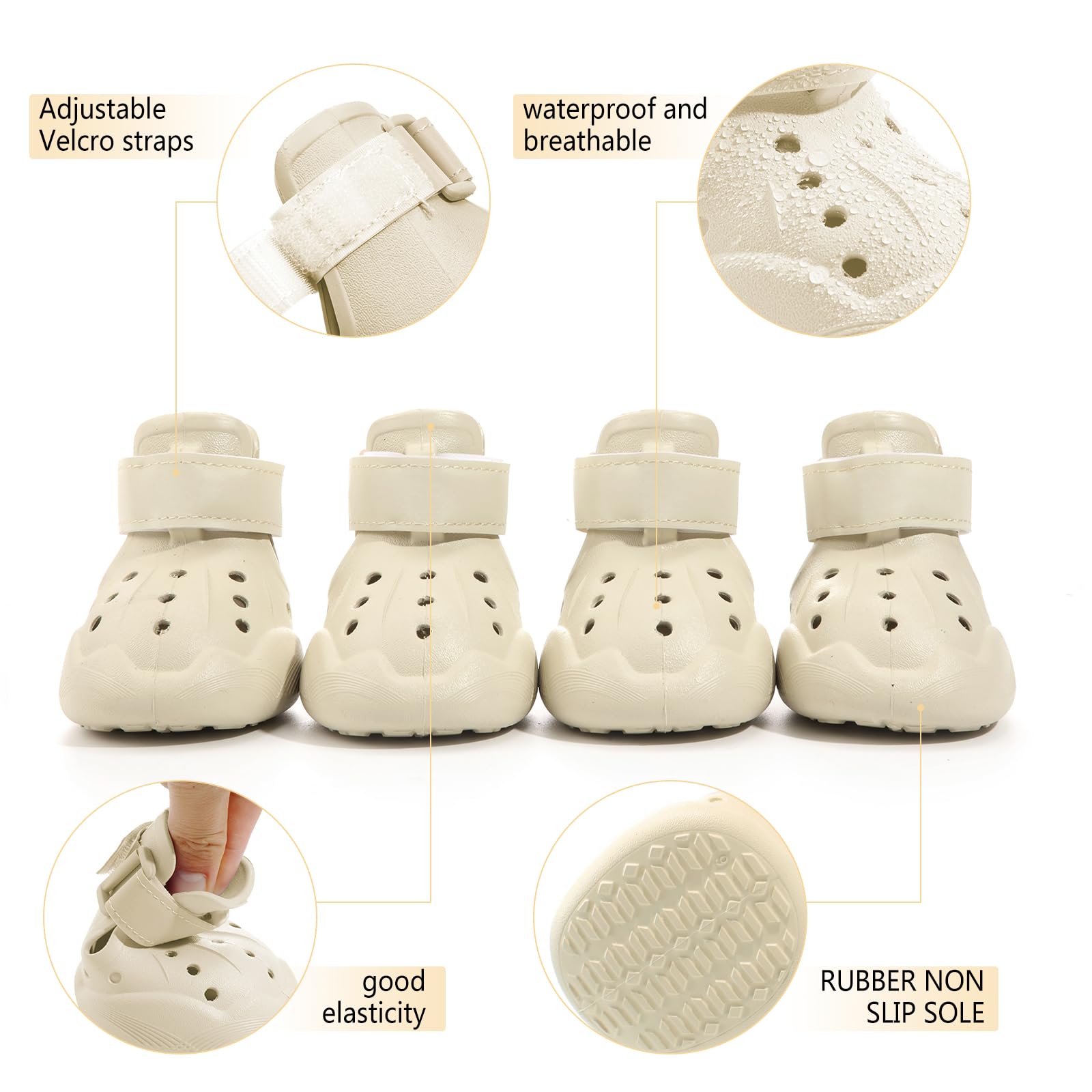 DOGOYS dog shoes beige adjustable-straps illustrate secure fit and night safety.
