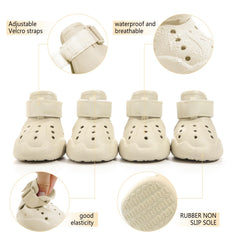DOGOYS dog shoes beige adjustable-straps illustrate secure fit and night safety.