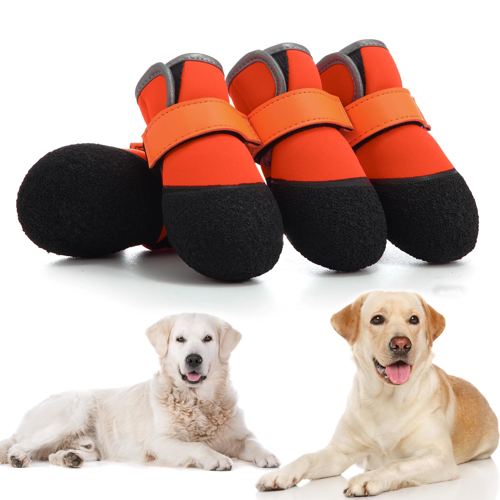 DOGOYS dog shoes orange pack 4pcs for medium to large dogs, all-weather protection.