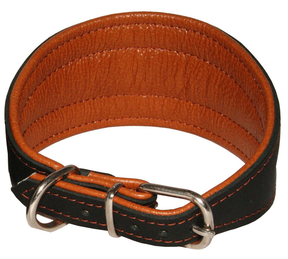 Dogs My Love glossy black leather collar close-up with color stitching for standout outings.