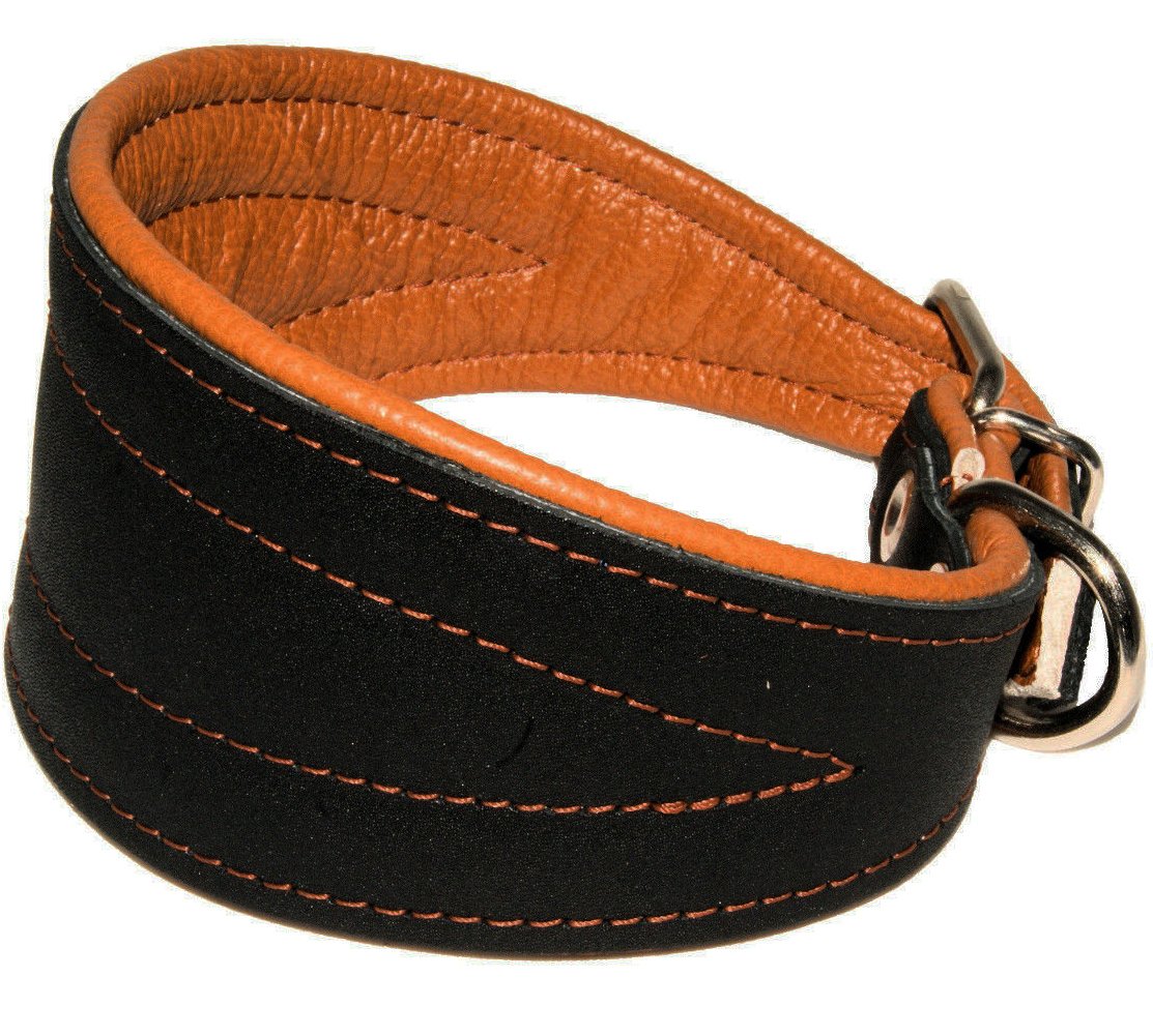 Dogs My Love real leather extra-wide collar, glossy black, ideal for daily walks.