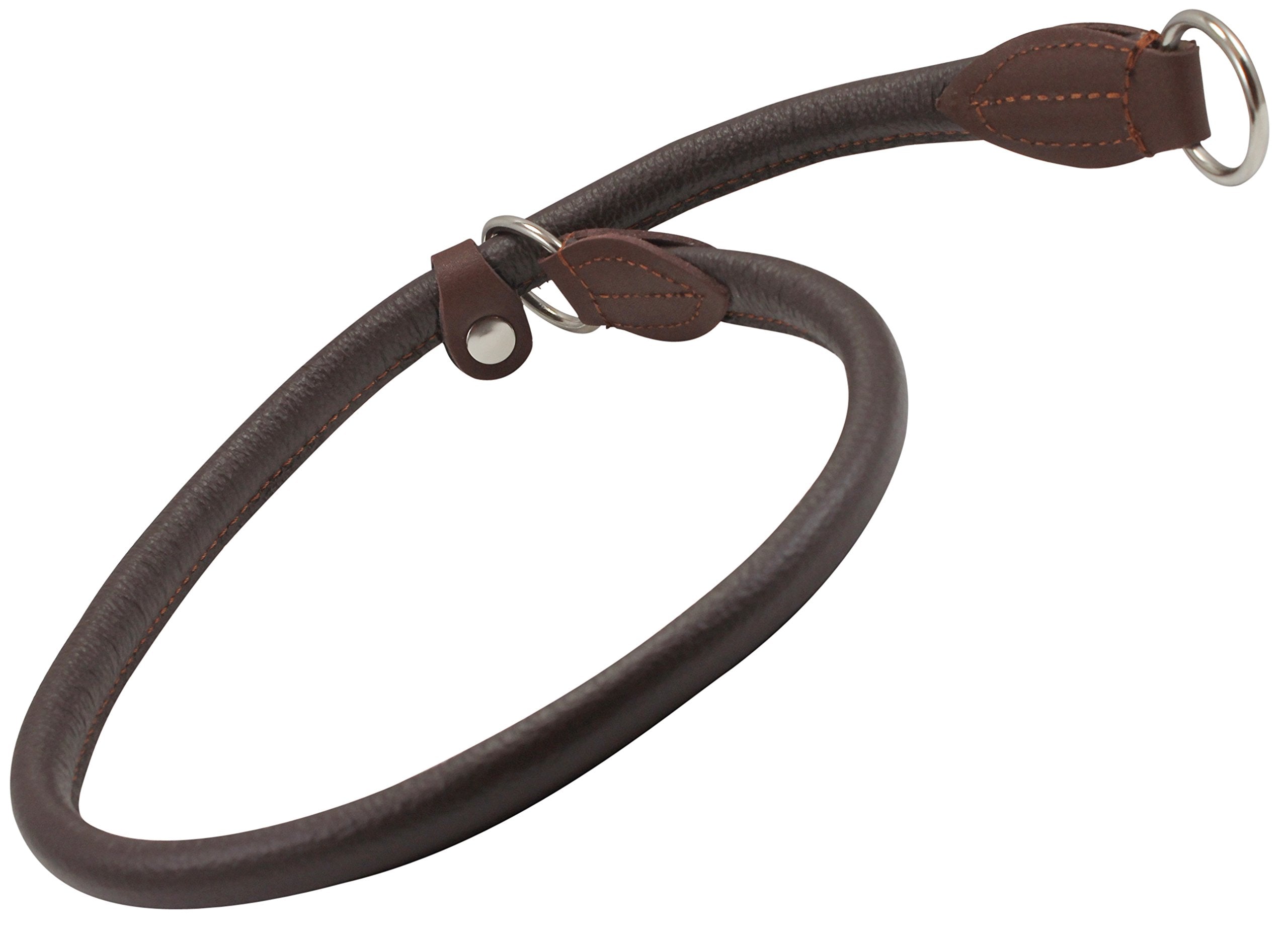 Dogs My Love round rolled leather choke collar brown 26in, close-up highlights soft leather and edges.