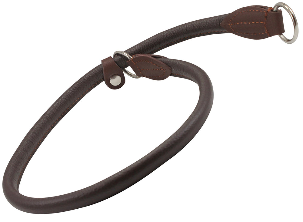 Dogs My Love round rolled leather choke collar brown 26in, close-up highlights soft leather and edges.