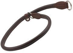 Dogs My Love round rolled leather choke collar brown 26in, close-up highlights soft leather and edges.