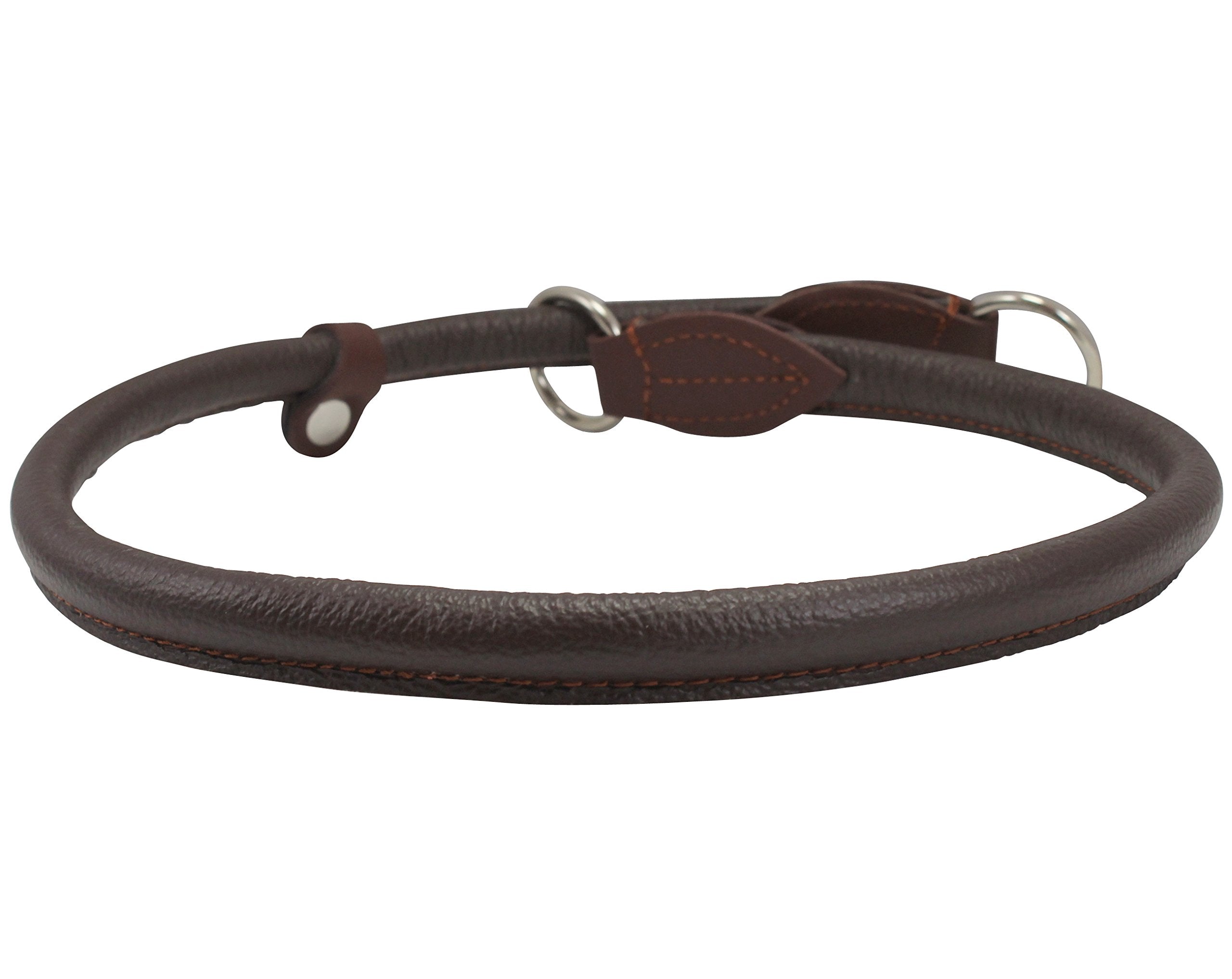 Dogs My Love round rolled leather choke collar brown 26in, side view with durable box stitching.