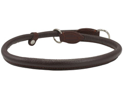 Dogs My Love round rolled leather choke collar brown 26in, side view with durable box stitching.