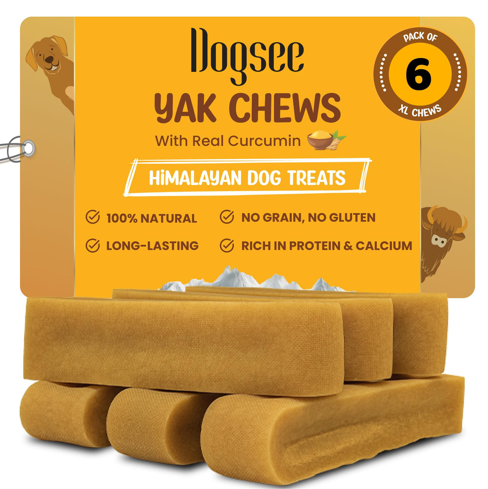 Dogsee Himalayan Yak Chews Turmeric XL 6-bars packaging promotes long-lasting chew sessions