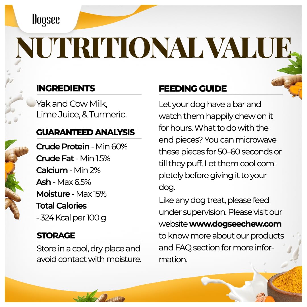 Dogsee Himalayan Yak Chews Turmeric XL packaging and visuals emphasize natural recipe