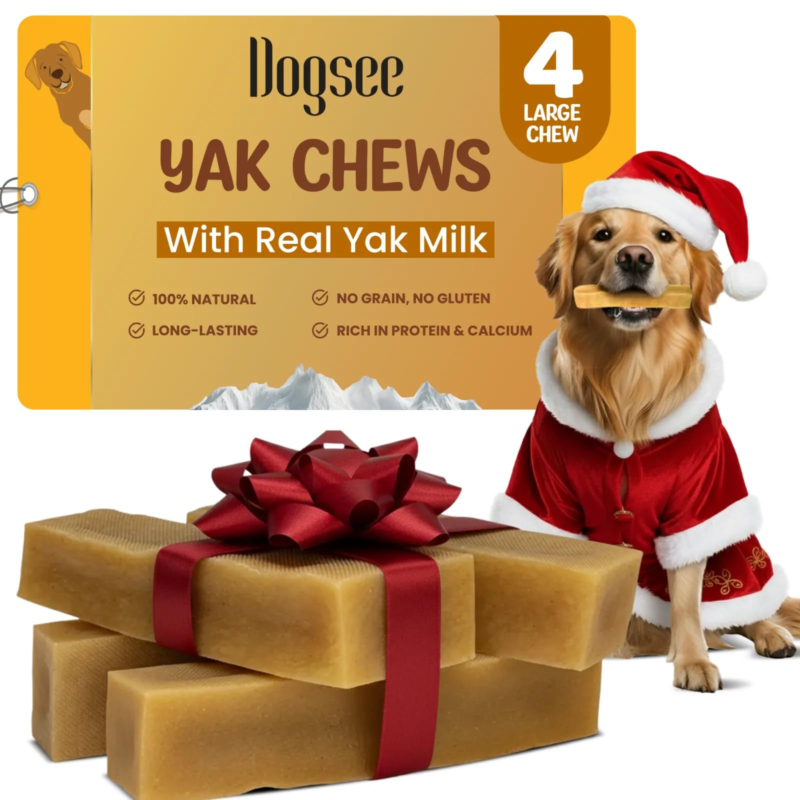 Dogsee Original Yak Chews packaging highlights natural Himalayas ingredients for mindful chewing.