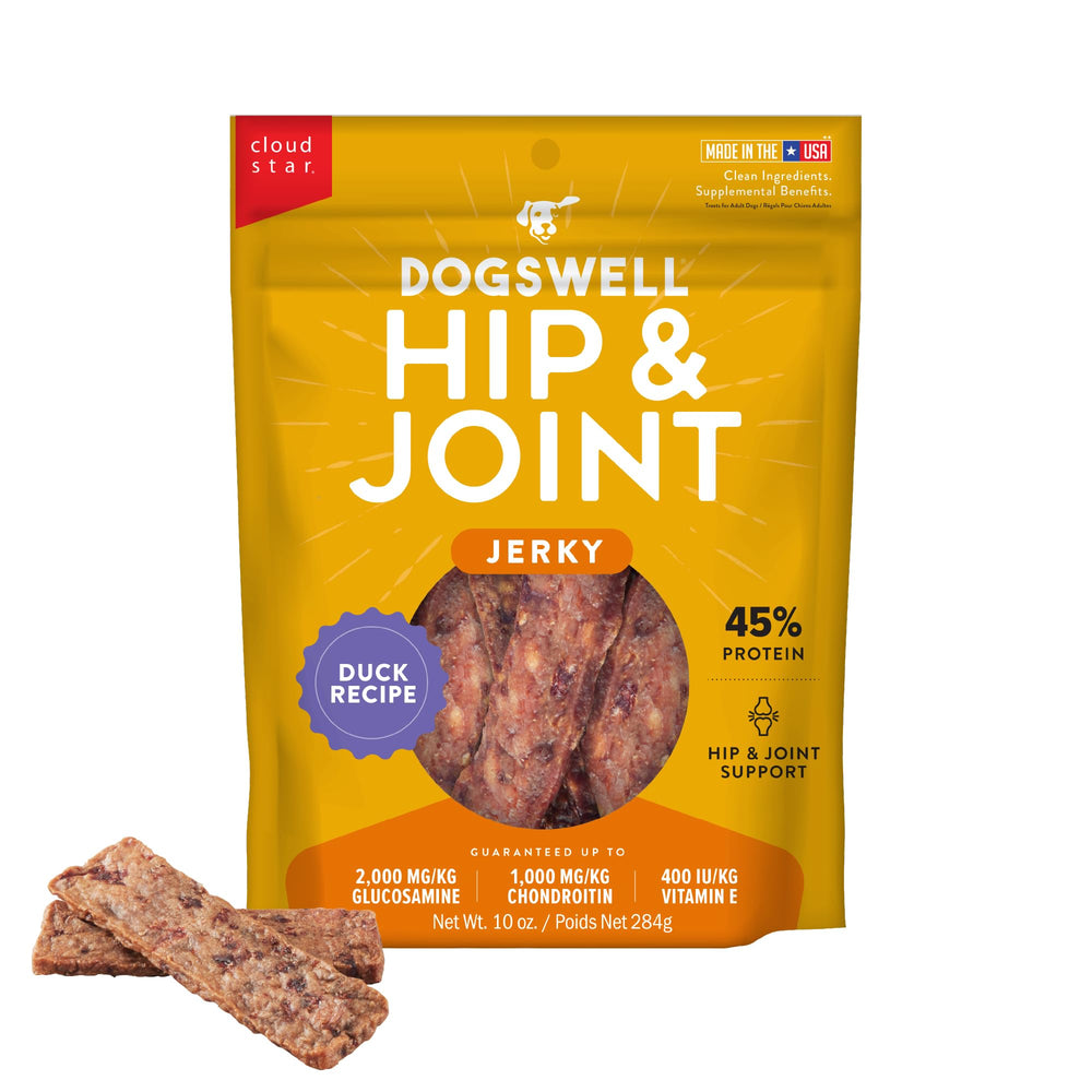 DOGSWELL hip joint jerky bag front view shows grain free formula and protein reward