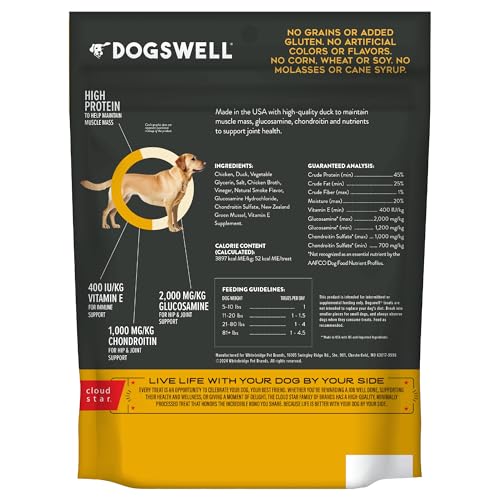 DOGSWELL jerky close-up shows real duck first ingredient and natural texture